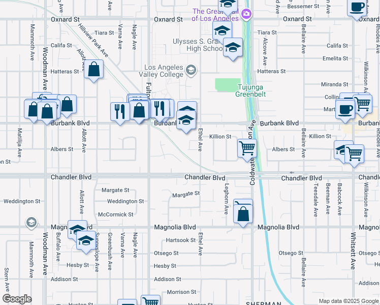 map of restaurants, bars, coffee shops, grocery stores, and more near 13126 Albers St in Sherman Oaks