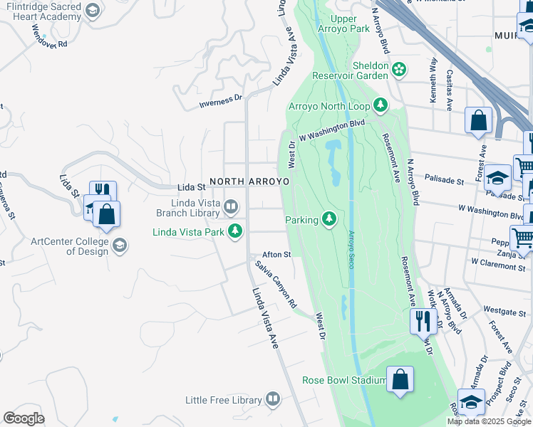 map of restaurants, bars, coffee shops, grocery stores, and more near 1180 Laurel Street in Pasadena
