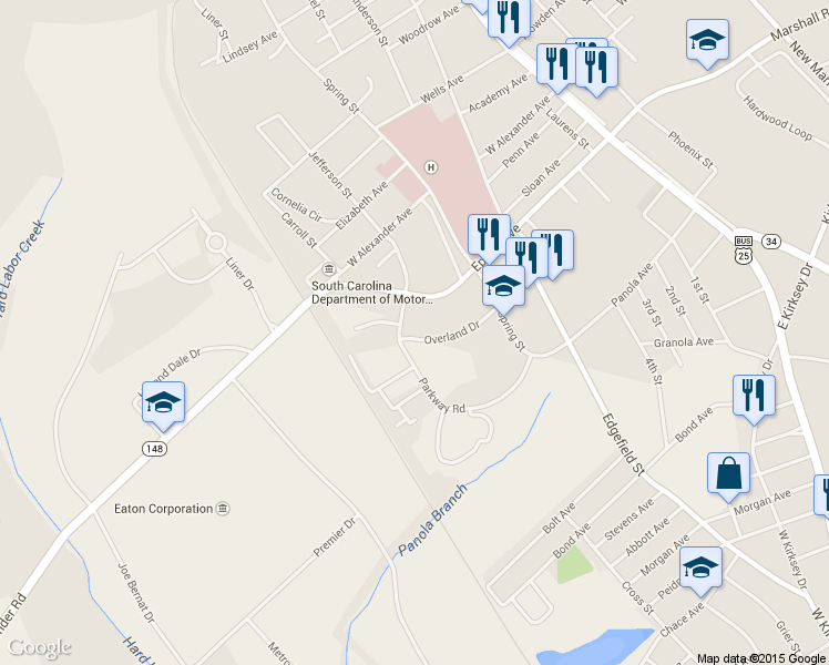 map of restaurants, bars, coffee shops, grocery stores, and more near 212 Overland Drive in Greenwood