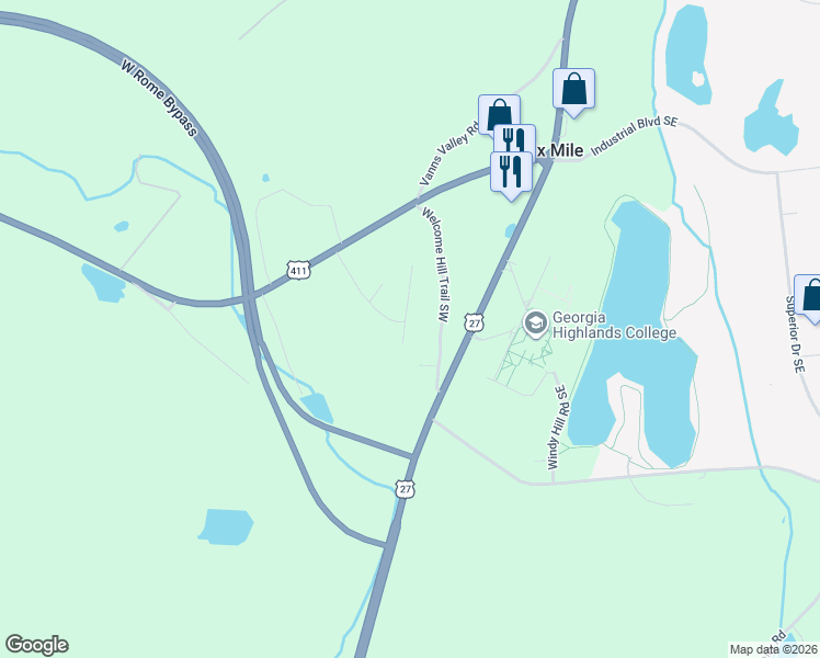 map of restaurants, bars, coffee shops, grocery stores, and more near 4 College View Drive Southwest in Rome