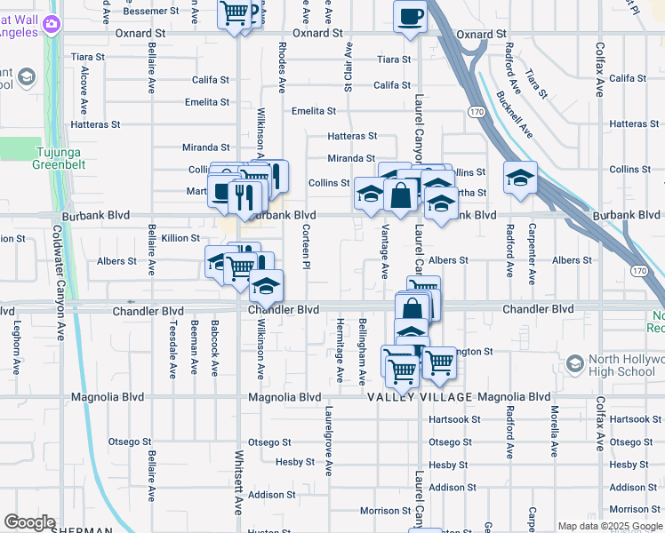 map of restaurants, bars, coffee shops, grocery stores, and more near 5451 Hermitage Avenue in Los Angeles