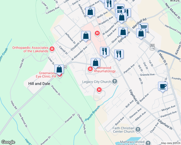 map of restaurants, bars, coffee shops, grocery stores, and more near 210 Overland Drive in Greenwood