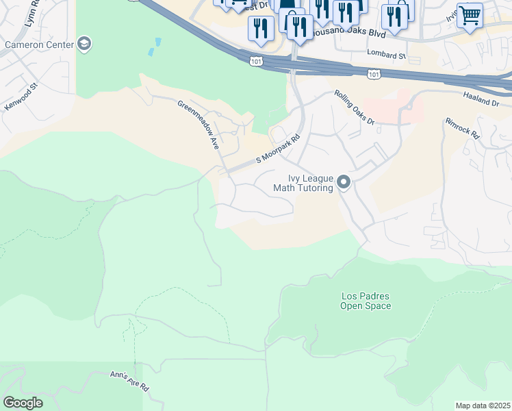 map of restaurants, bars, coffee shops, grocery stores, and more near 63 Pinecrest Road in Thousand Oaks