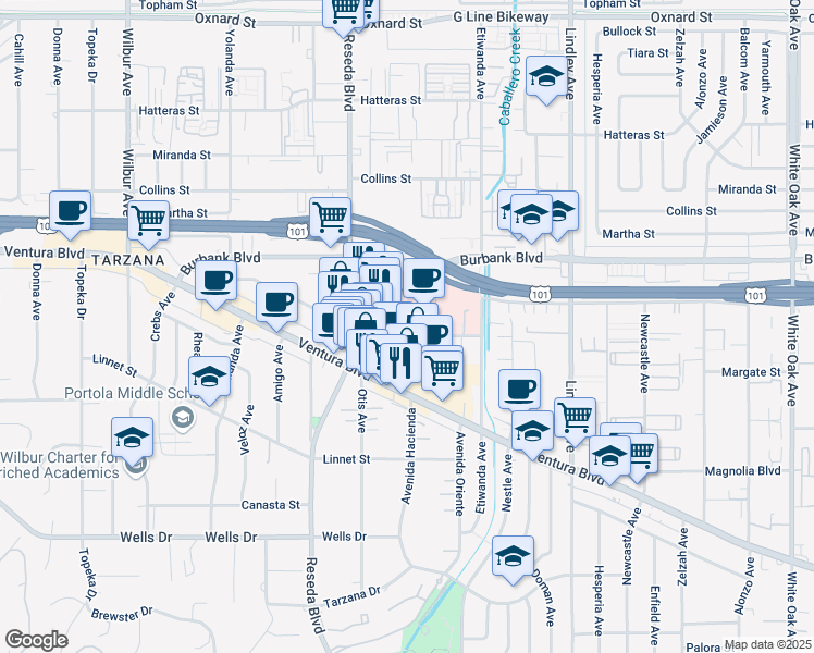 map of restaurants, bars, coffee shops, grocery stores, and more near 5500 Reseda Boulevard in Los Angeles