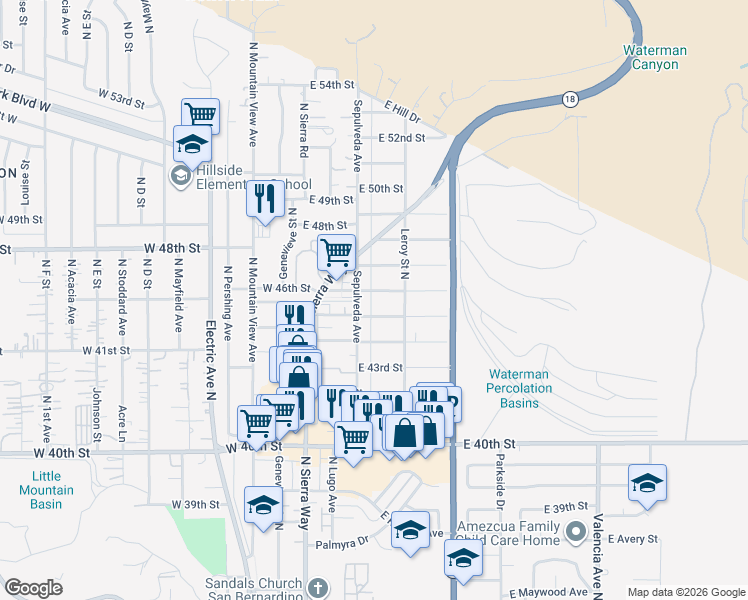 map of restaurants, bars, coffee shops, grocery stores, and more near 223 East 46th Street in San Bernardino
