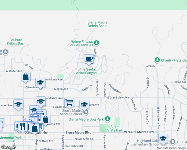 map of restaurants, bars, coffee shops, grocery stores, and more near 551 Sturtevant Drive in Sierra Madre