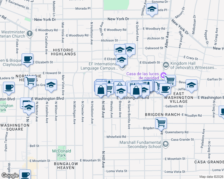 map of restaurants, bars, coffee shops, grocery stores, and more near 1393 Wesley Avenue in Pasadena