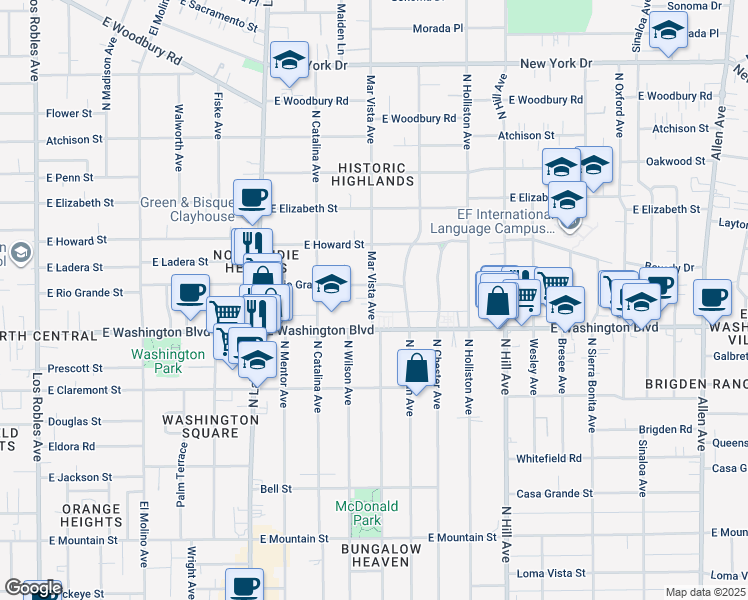 map of restaurants, bars, coffee shops, grocery stores, and more near 1399 North Michigan Avenue in Pasadena