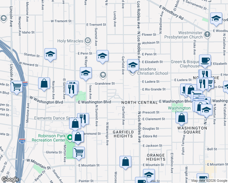 map of restaurants, bars, coffee shops, grocery stores, and more near 275 Robincroft Drive in Pasadena