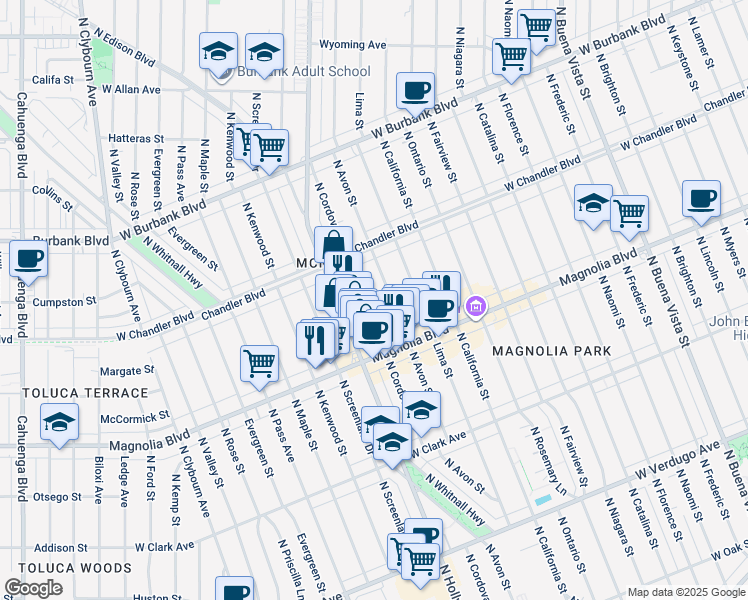 map of restaurants, bars, coffee shops, grocery stores, and more near 1105 North Cordova Street in Burbank