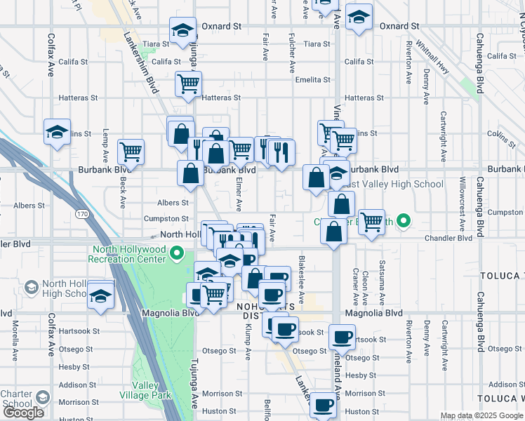 map of restaurants, bars, coffee shops, grocery stores, and more near 5505 Klump Avenue in Los Angeles
