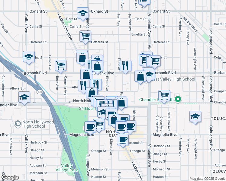 map of restaurants, bars, coffee shops, grocery stores, and more near 5505 Klump Avenue in Los Angeles