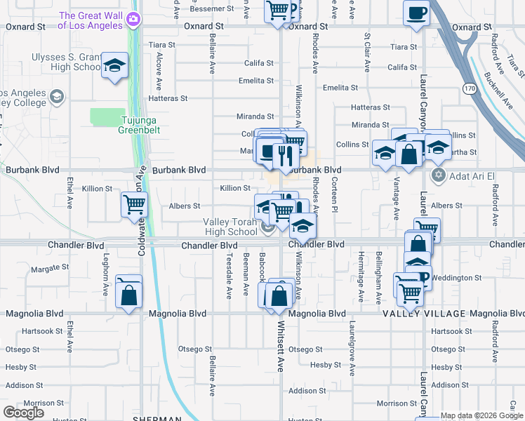 map of restaurants, bars, coffee shops, grocery stores, and more near 12546 Albers Street in Los Angeles