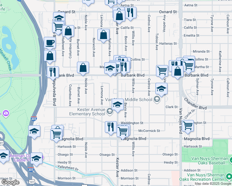 map of restaurants, bars, coffee shops, grocery stores, and more near 5451 Kester Avenue in Los Angeles