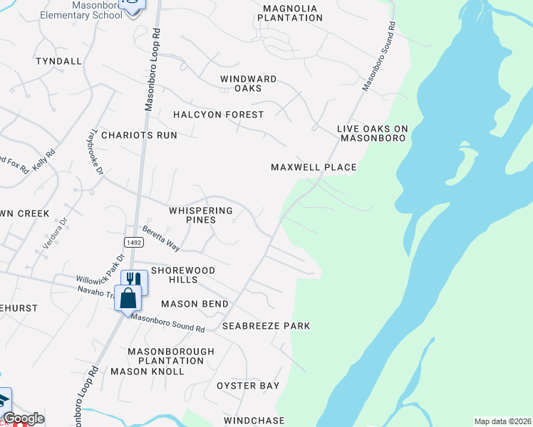 map of restaurants, bars, coffee shops, grocery stores, and more near 7804 Masonboro Sound Road in Wilmington