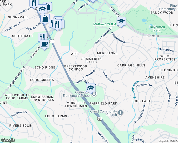 map of restaurants, bars, coffee shops, grocery stores, and more near 904 Summerlin Falls Court in Wilmington