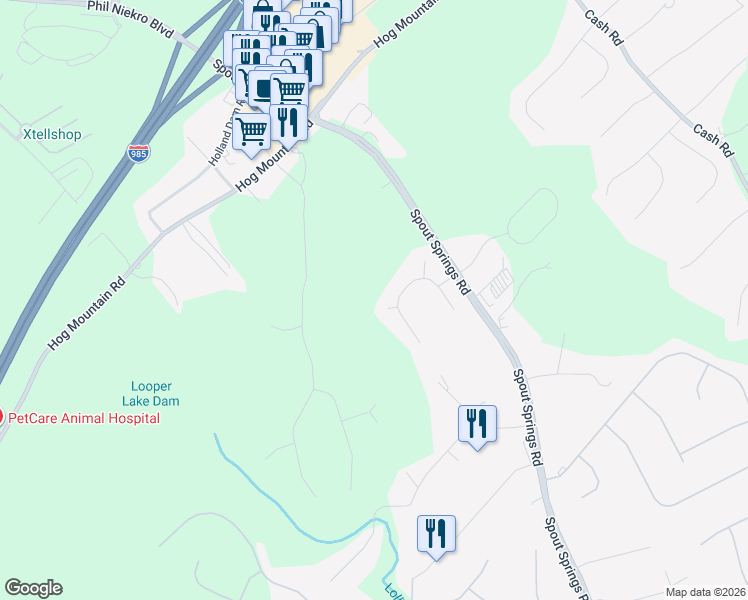 map of restaurants, bars, coffee shops, grocery stores, and more near 6274 Bay Lane in Flowery Branch