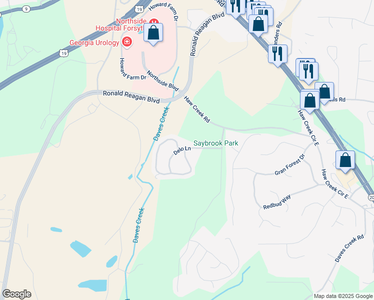 map of restaurants, bars, coffee shops, grocery stores, and more near 1205 Apple Blossom Drive in Cumming