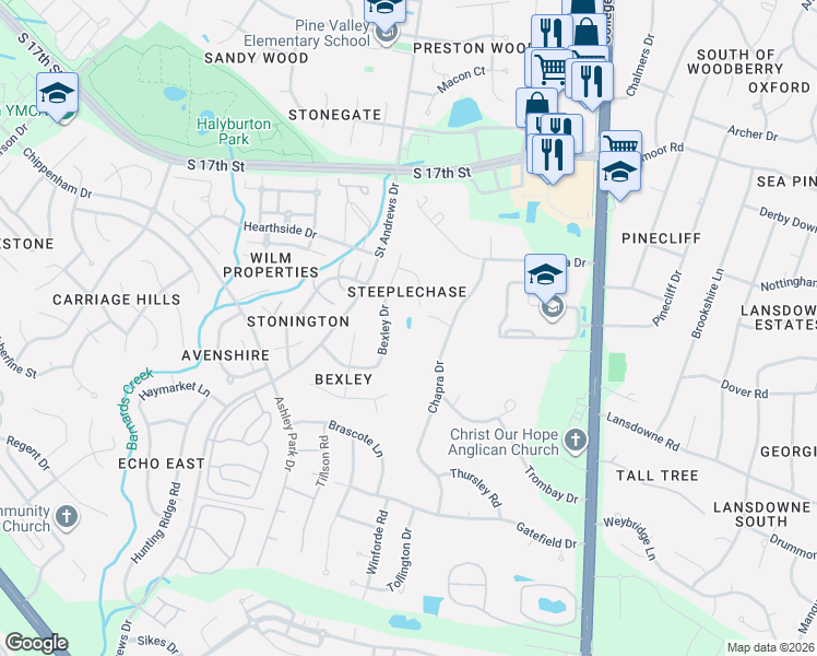 map of restaurants, bars, coffee shops, grocery stores, and more near 1422 Bexley Drive in Wilmington