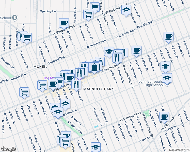 map of restaurants, bars, coffee shops, grocery stores, and more near 2926 West Magnolia Boulevard in Burbank
