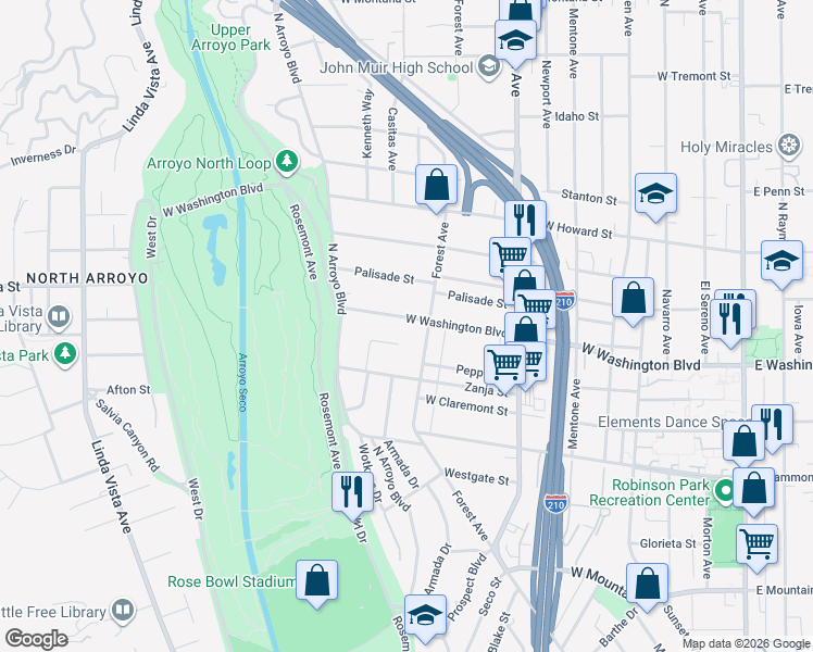 map of restaurants, bars, coffee shops, grocery stores, and more near 644 West Washington Boulevard in Pasadena