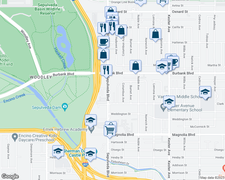 map of restaurants, bars, coffee shops, grocery stores, and more near 5460 Sepulveda Boulevard in Los Angeles
