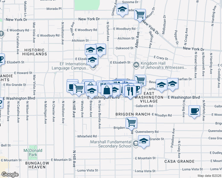 map of restaurants, bars, coffee shops, grocery stores, and more near 1394 North Oxford Avenue in Pasadena