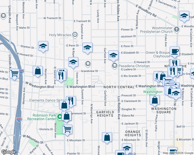 map of restaurants, bars, coffee shops, grocery stores, and more near 275 Robincroft Drive in Pasadena