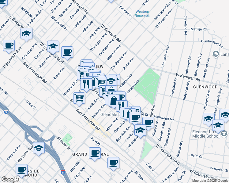 map of restaurants, bars, coffee shops, grocery stores, and more near 1130 Ruberta Avenue in Glendale