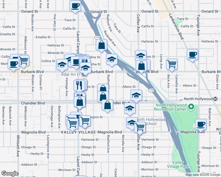 map of restaurants, bars, coffee shops, grocery stores, and more near 5450 Radford Avenue in Los Angeles