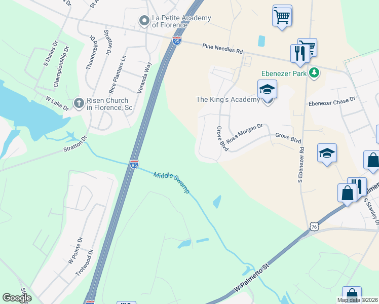 map of restaurants, bars, coffee shops, grocery stores, and more near Grove Boulevard in Florence