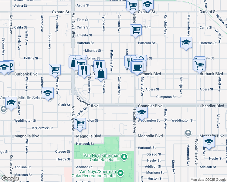 map of restaurants, bars, coffee shops, grocery stores, and more near 5450 Katherine Avenue in Los Angeles