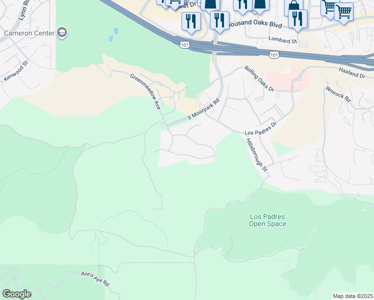 map of restaurants, bars, coffee shops, grocery stores, and more near 63 Pinecrest Road in Thousand Oaks