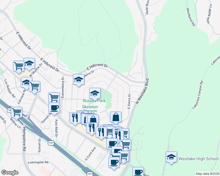 map of restaurants, bars, coffee shops, grocery stores, and more near 3093 West Adirondack Court in Westlake Village