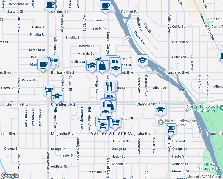 map of restaurants, bars, coffee shops, grocery stores, and more near 5451 Laurel Canyon Boulevard in Los Angeles