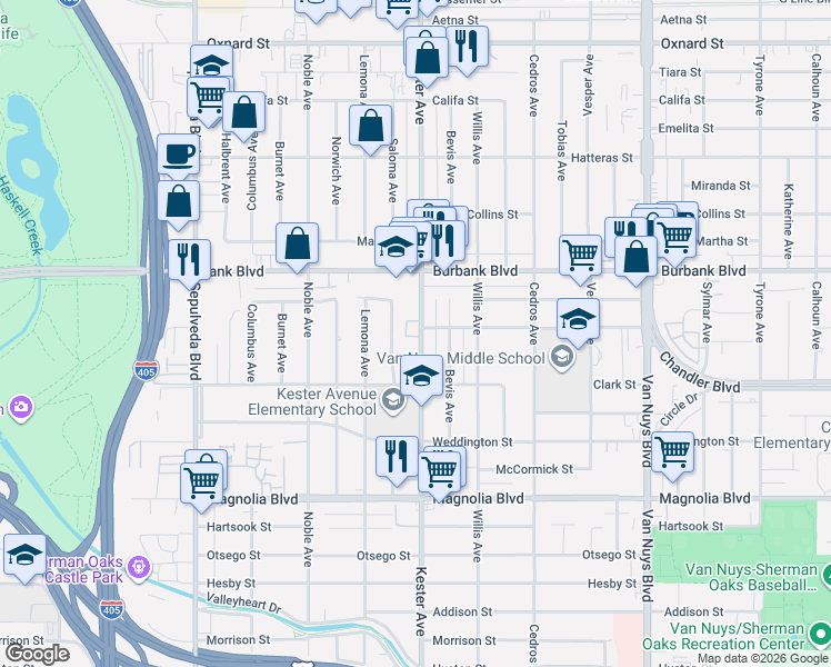 map of restaurants, bars, coffee shops, grocery stores, and more near 5451 Kester Avenue in Los Angeles