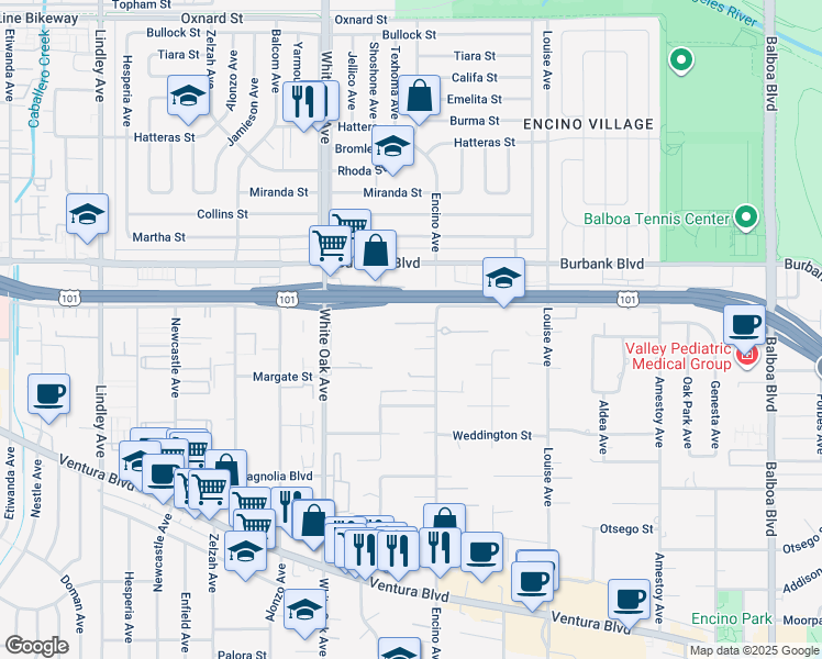 map of restaurants, bars, coffee shops, grocery stores, and more near 5445 Encino Avenue in Los Angeles