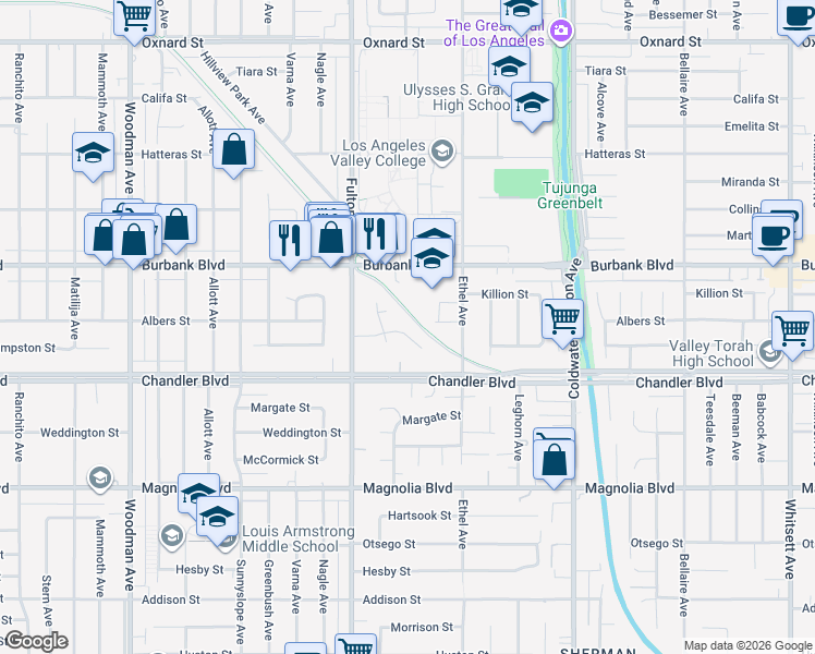 map of restaurants, bars, coffee shops, grocery stores, and more near 13225 Cumpston Street in Los Angeles
