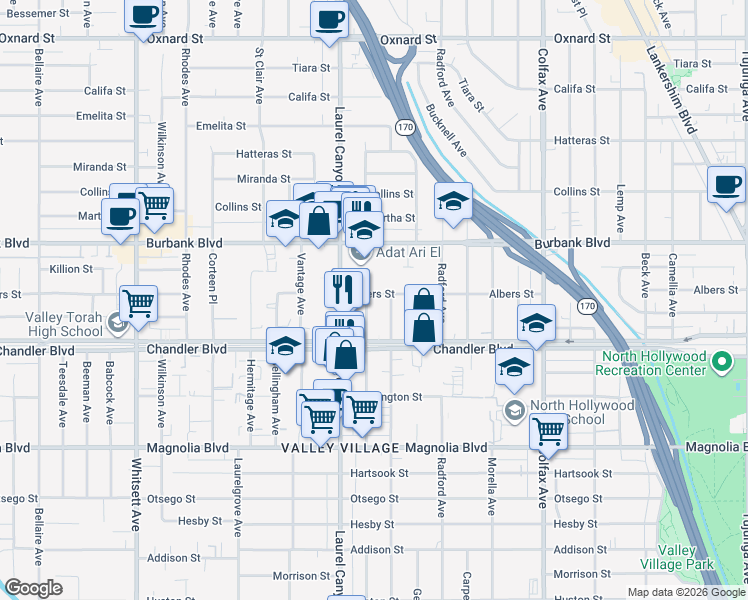 map of restaurants, bars, coffee shops, grocery stores, and more near 5454 Agnes Avenue in Los Angeles