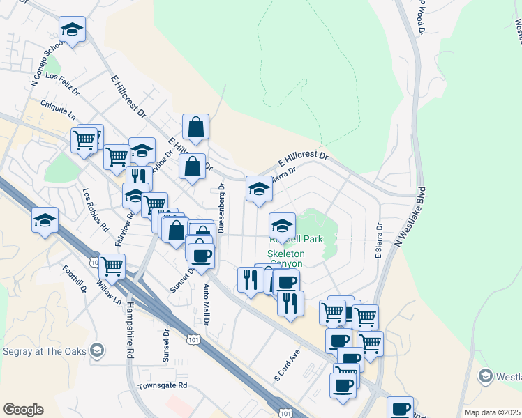 map of restaurants, bars, coffee shops, grocery stores, and more near 3241 Blue Ridge Court in Westlake Village
