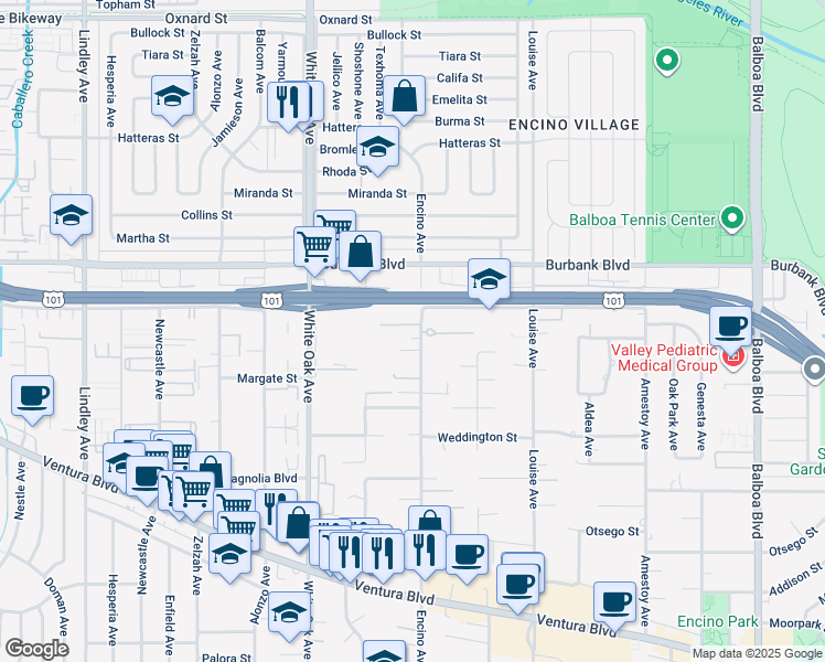 map of restaurants, bars, coffee shops, grocery stores, and more near 5443 Encino Avenue in Los Angeles