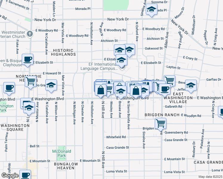 map of restaurants, bars, coffee shops, grocery stores, and more near 1393 Wesley Avenue in Pasadena