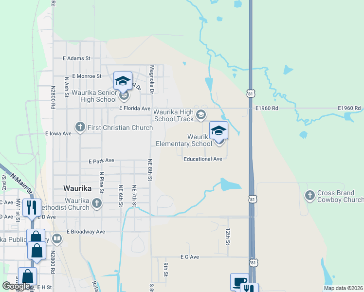 map of restaurants, bars, coffee shops, grocery stores, and more near Little Eagle Street in Waurika