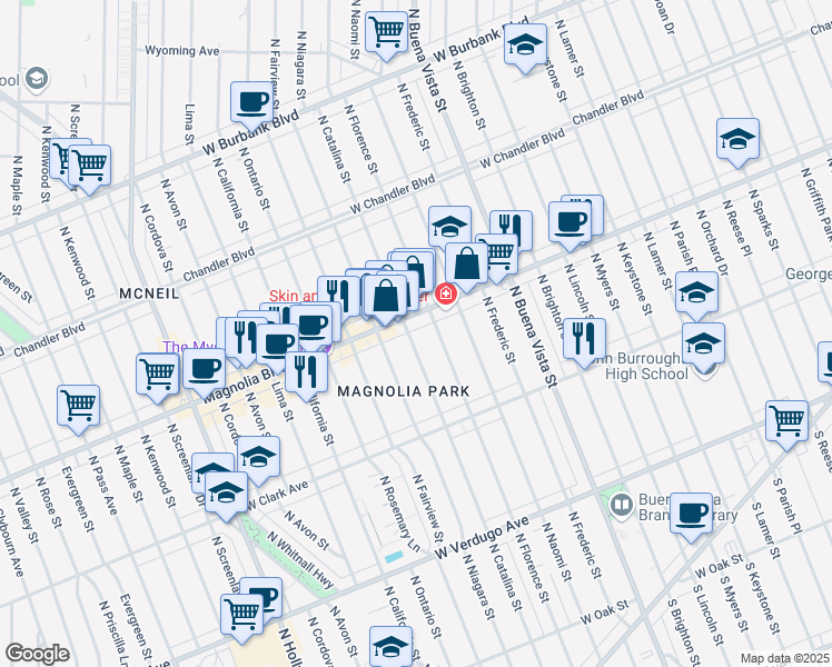 map of restaurants, bars, coffee shops, grocery stores, and more near 832 North Catalina Street in Burbank