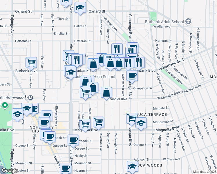 map of restaurants, bars, coffee shops, grocery stores, and more near 5503 Denny Avenue in Los Angeles