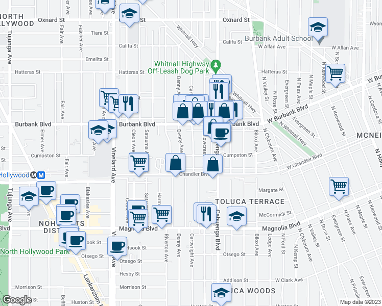 map of restaurants, bars, coffee shops, grocery stores, and more near 5503 Cartwright Avenue in Los Angeles