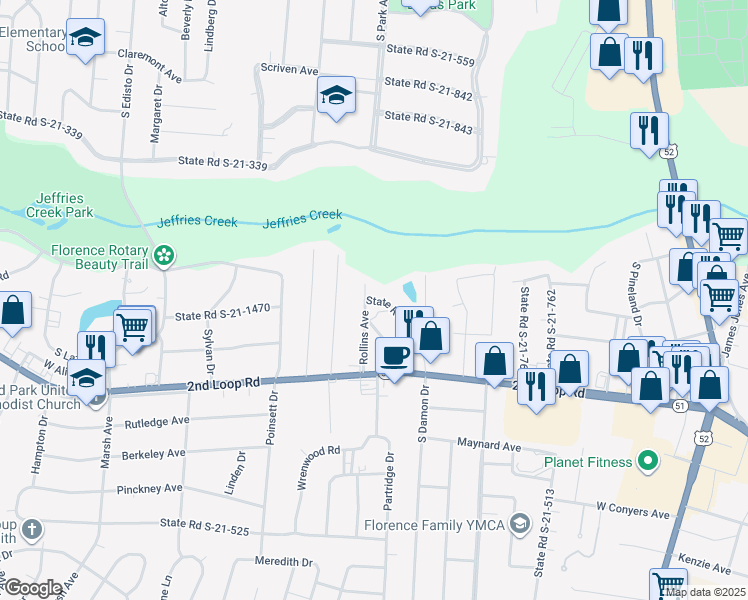 map of restaurants, bars, coffee shops, grocery stores, and more near 805 State Road S-21-677 in Florence