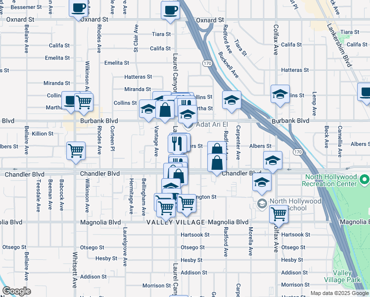 map of restaurants, bars, coffee shops, grocery stores, and more near 5444 Agnes Avenue in Los Angeles