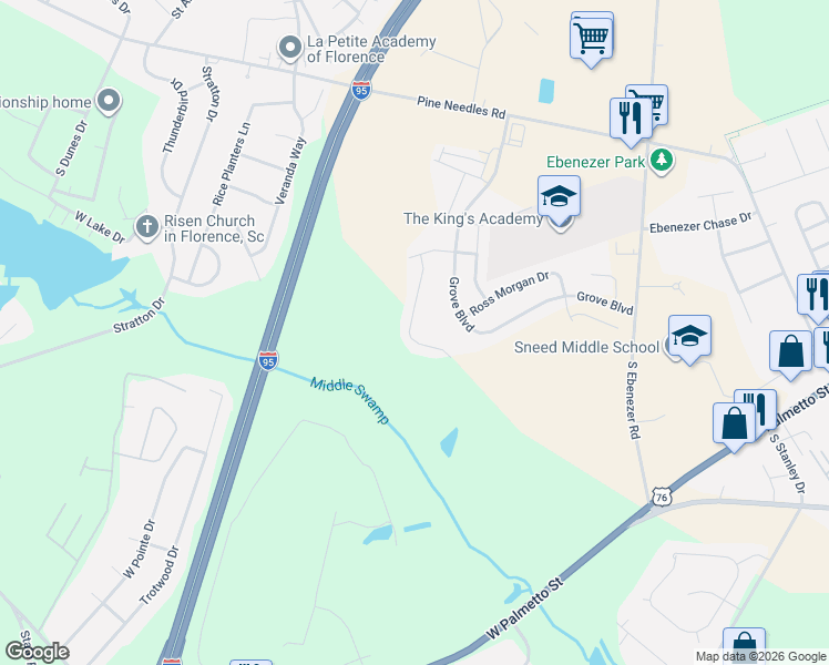 map of restaurants, bars, coffee shops, grocery stores, and more near 1001 South Ebenezer Road in Florence