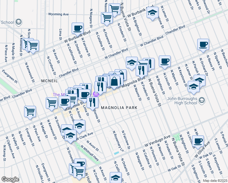map of restaurants, bars, coffee shops, grocery stores, and more near 2926 West Magnolia Boulevard in Burbank
